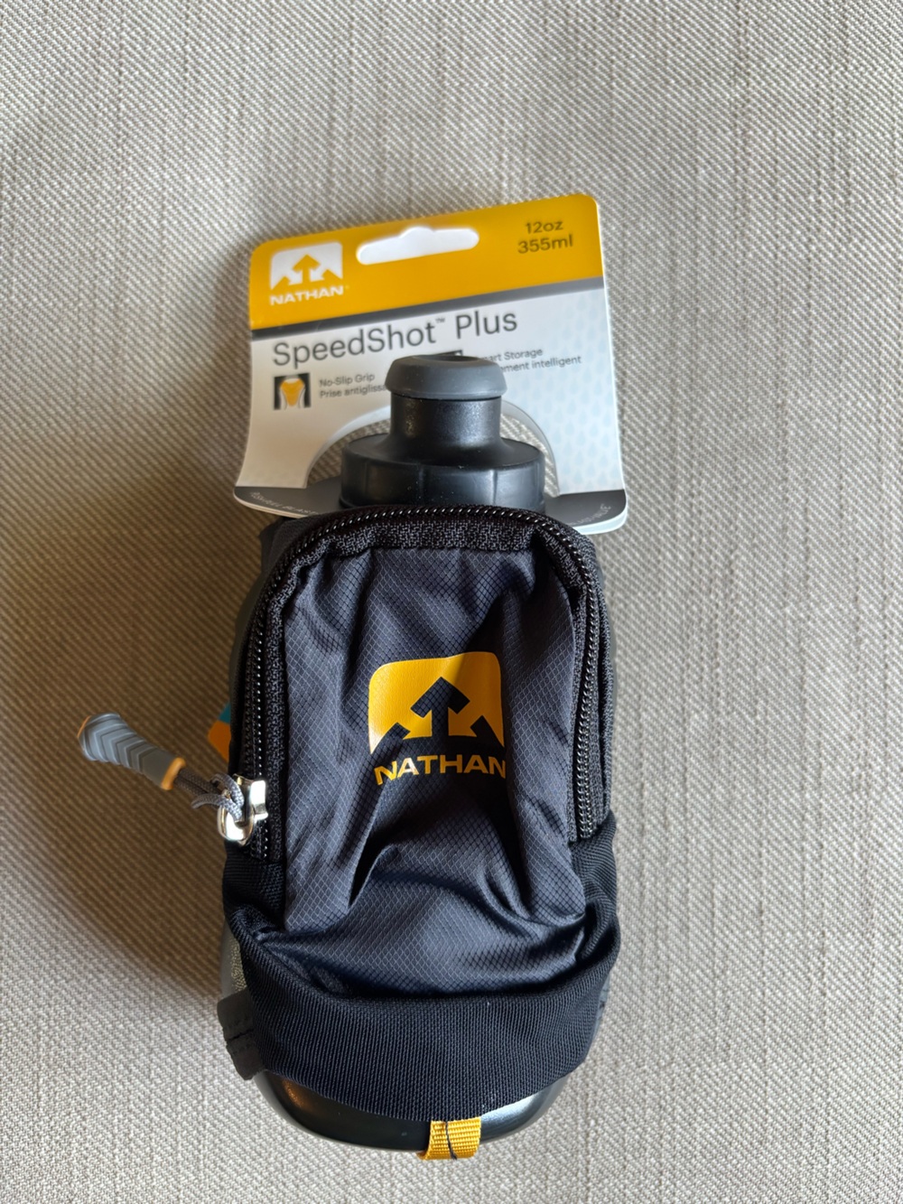Natan Black Speedshot Plus Hydration Flask with Yellow Logo and Zipper Pocket